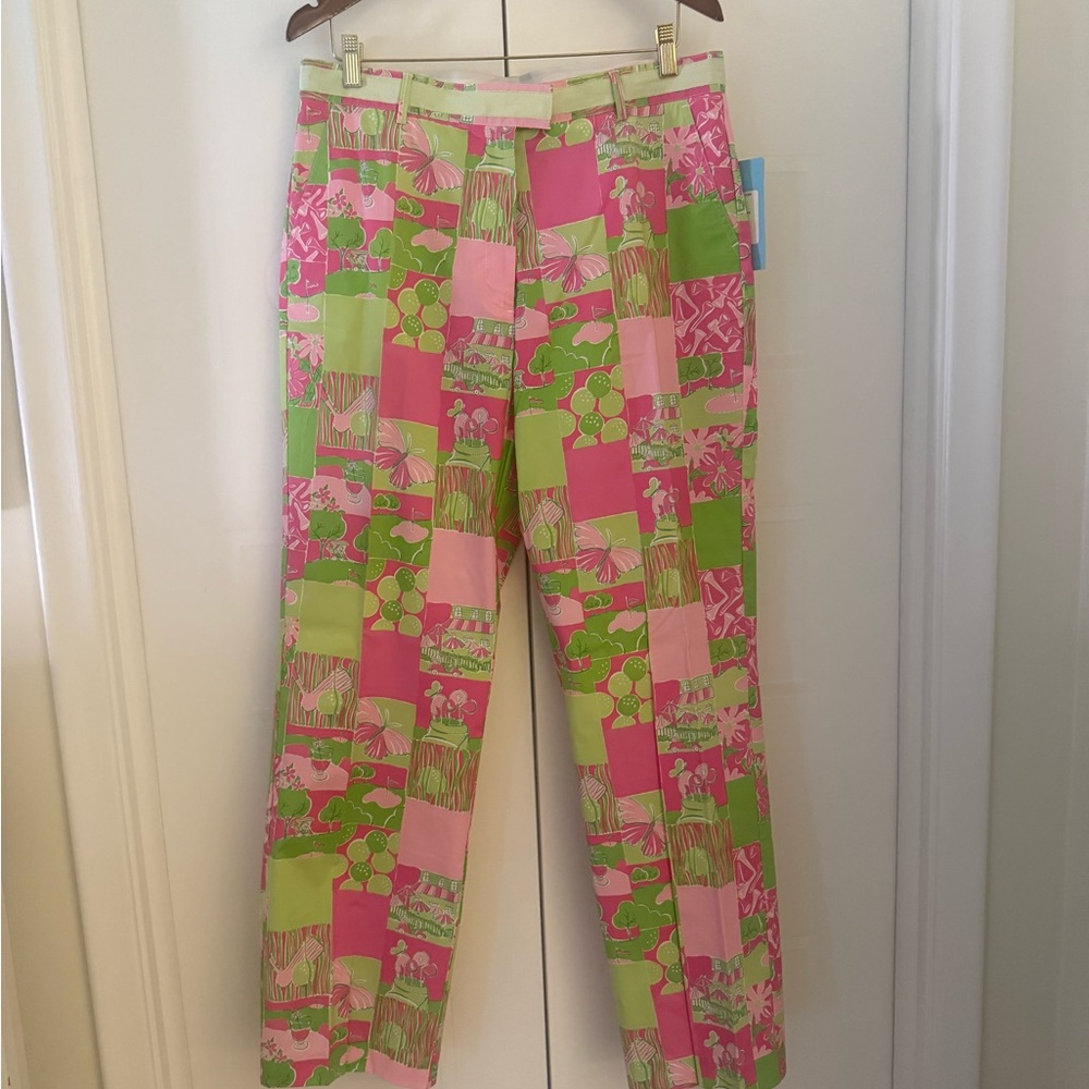 NWT Lilly Pulitzer Vibrant Pink and Green Patchwork Design Straight Leg Pants - Picture 2 of 9